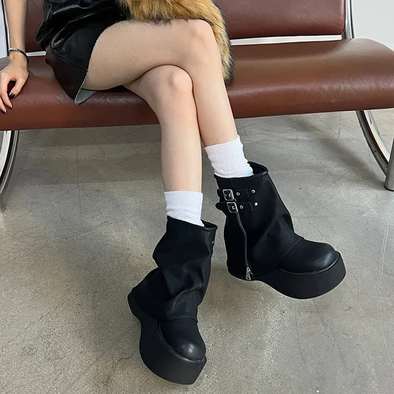 Vintage Women Western Cowgirl Boots Fashion Belt Buckle Shoes Autumn Winter Platform Flats Ladies Knight Short Booties