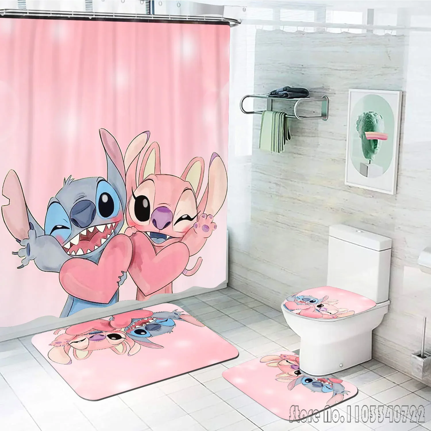 Set di tende da doccia da bagno Disney Stitch Anime 4 pezzi con ganci Decorazione del coperchio del tappetino da bagno impermeabile