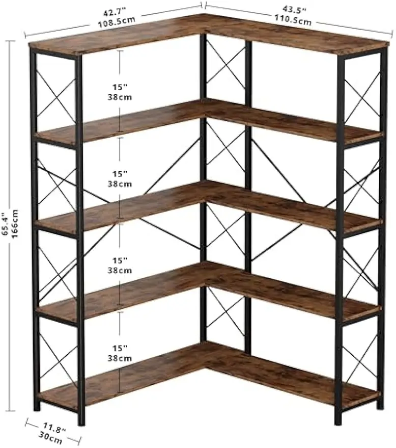 Estante de canto industrial, armazenamento Rack com Metal Frame Vintage Etagere, 5-Shelf Estante de canto