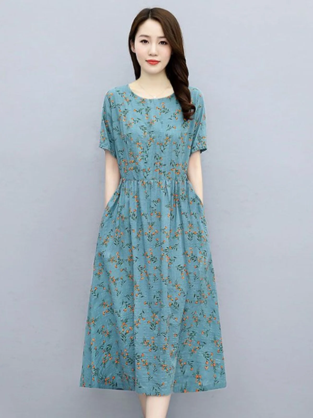 elegant-floral-print-cotton-summer-dress-short-sleeve-two-piece-set-for-mom-slimming-ethnic-style-women's-fashion-2024