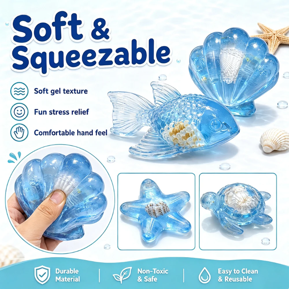 NeeDoh Ocean Squishy Fidget Toy 4 Styles Assorted Sea Animal Squeeze Toy Soft Stress Relief Toy with Shell Inside, Gift-Ready view 4
