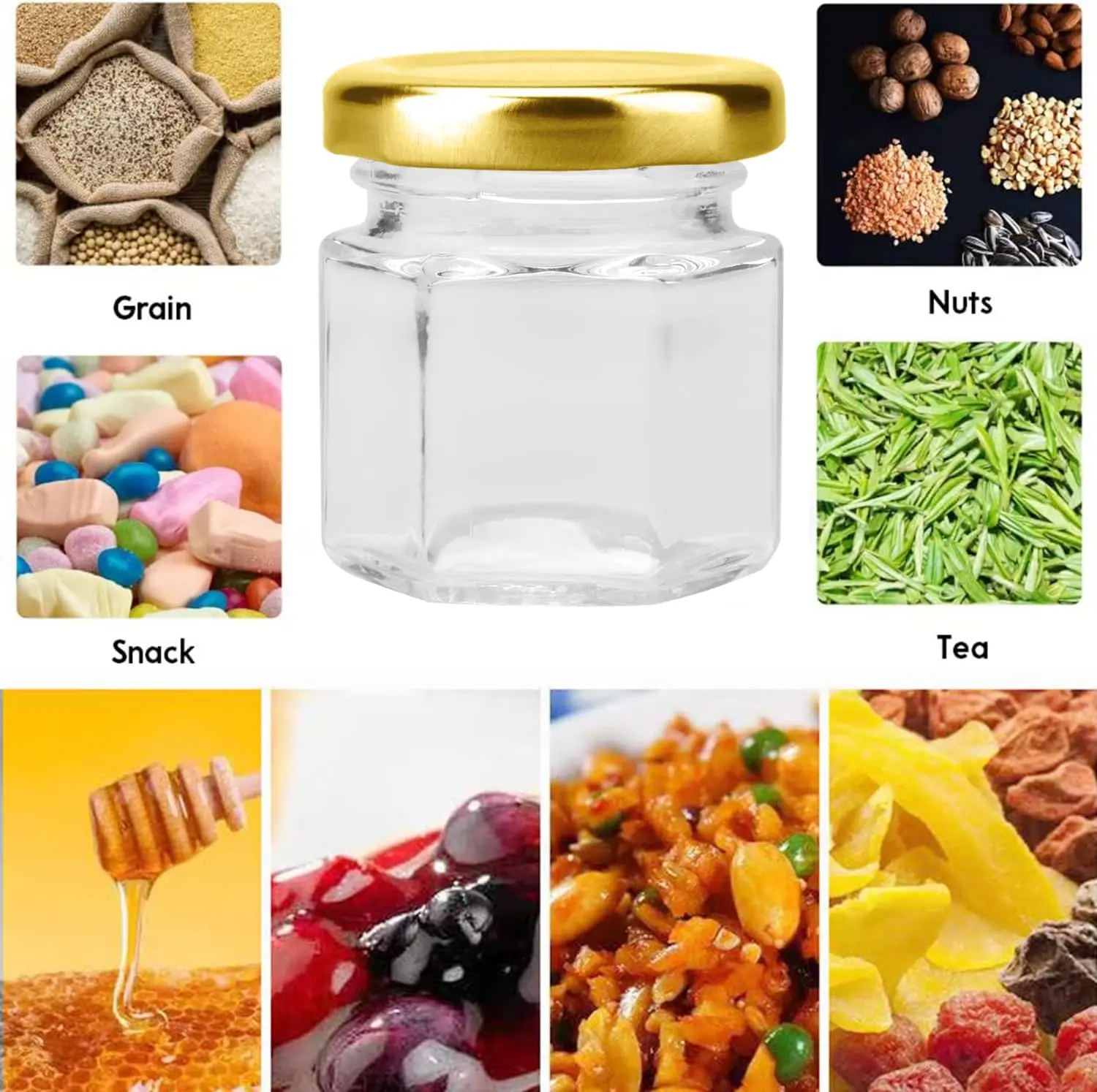 60PCS 1.5 oz Mini Glass Honey Jar Hexagonal Honey Jars Bee Charms Gold Gift Bags Rope Baby Shower Wedding Party Favors