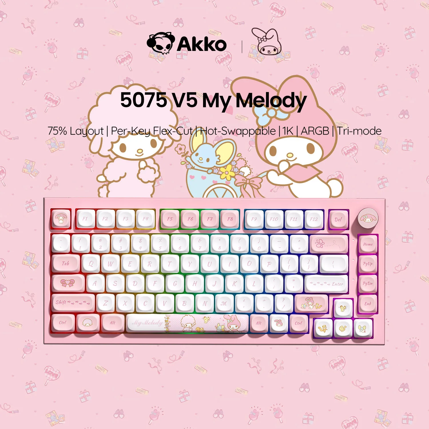 Akko 5075 V5 Mechanical Keyboard My Melody 82-Key 75% ANSI-US Per-Key Flex-Cut Hot Swappable 1K Polling Rate Wireless Keyboard