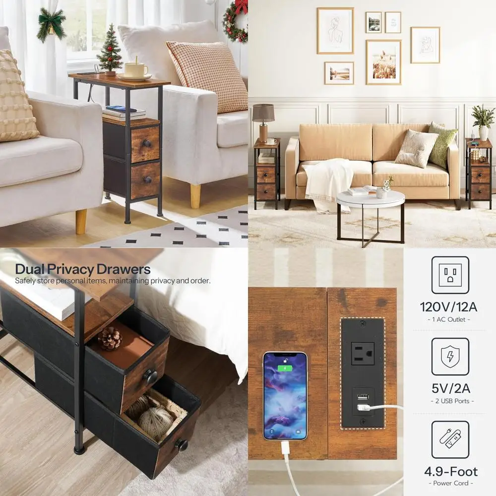 

Торцевой столик с зарядной станцией, узкий приставной столик с 2 тканевыми ящиками, узкая тумбочка с местом для хранения, тонкая прикроватная тумбочка для