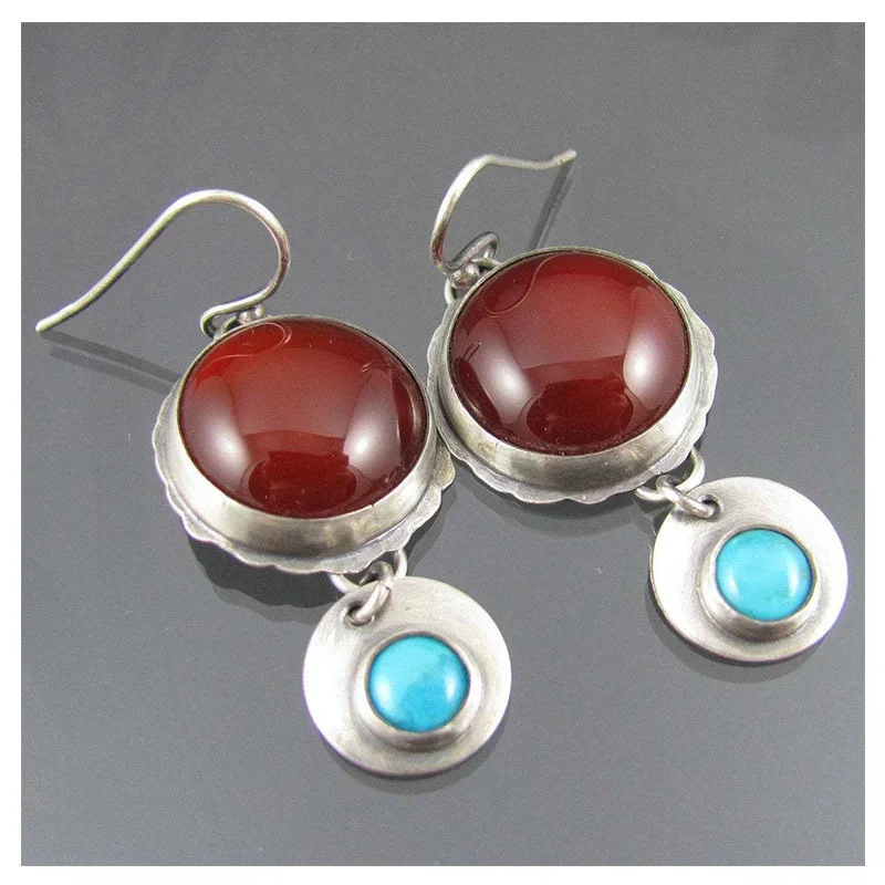 Fashion Vintage Geometric Red Blue Stone Round Dangle Earrings For Women Engagement Wedding Earrings Gift Custom Jewelry