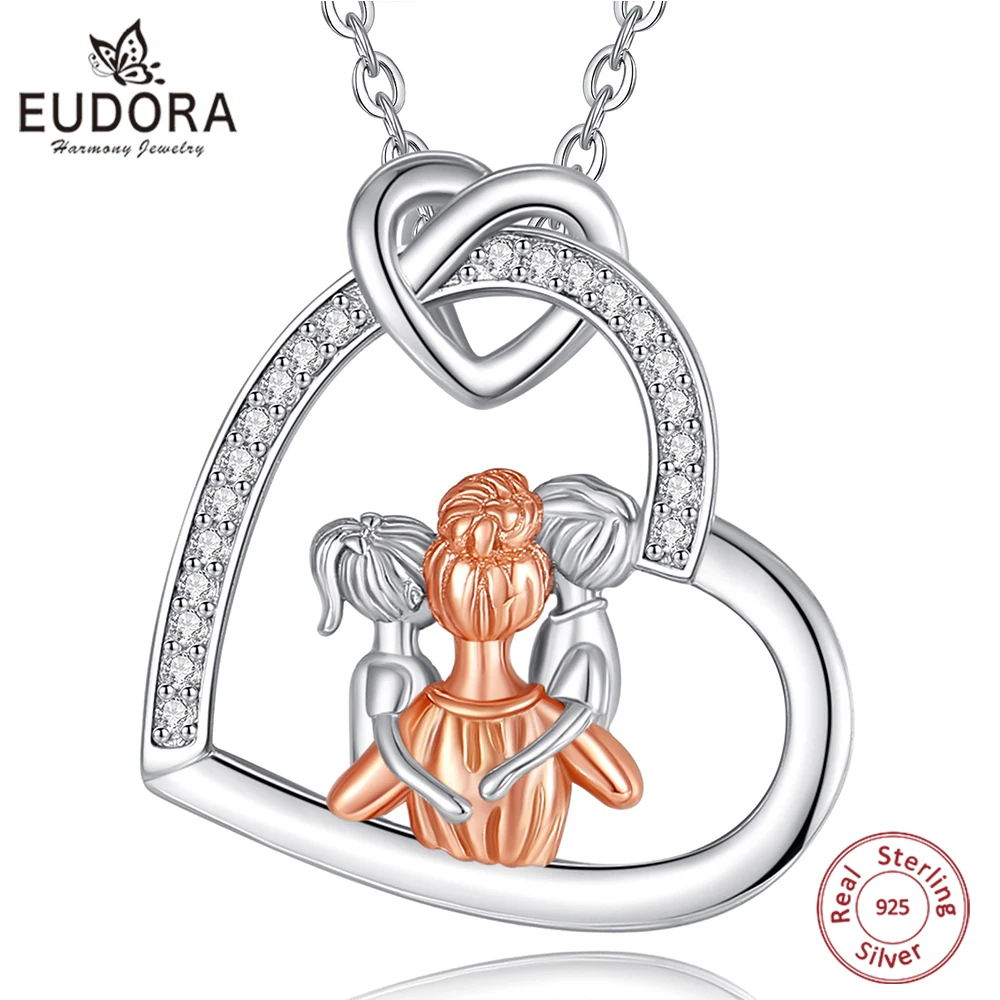 Eudora Original 925 Sterling Silver Mother Kids Necklace Heart Zircon Rose Gold Mom Boy Girl Pendant Jewelry Mother's Day Gift