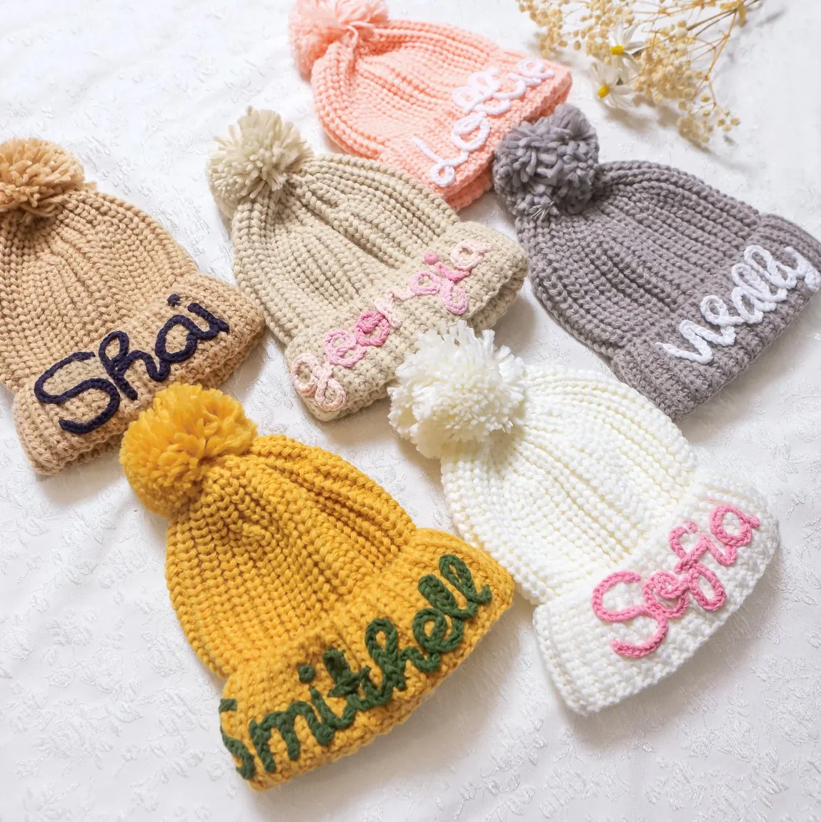 Personalized Baby Beanie Hats, custom name Hand Embroidered Knit Beanie with Name for Infants Toddlers Girls Boys Gift