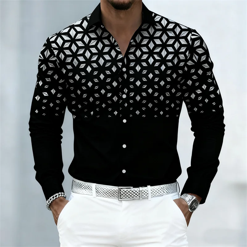 

colors of men's shirts, fashionable geometric pattern print long sleeve shirts, personalized trendy slim lapel casual shirts