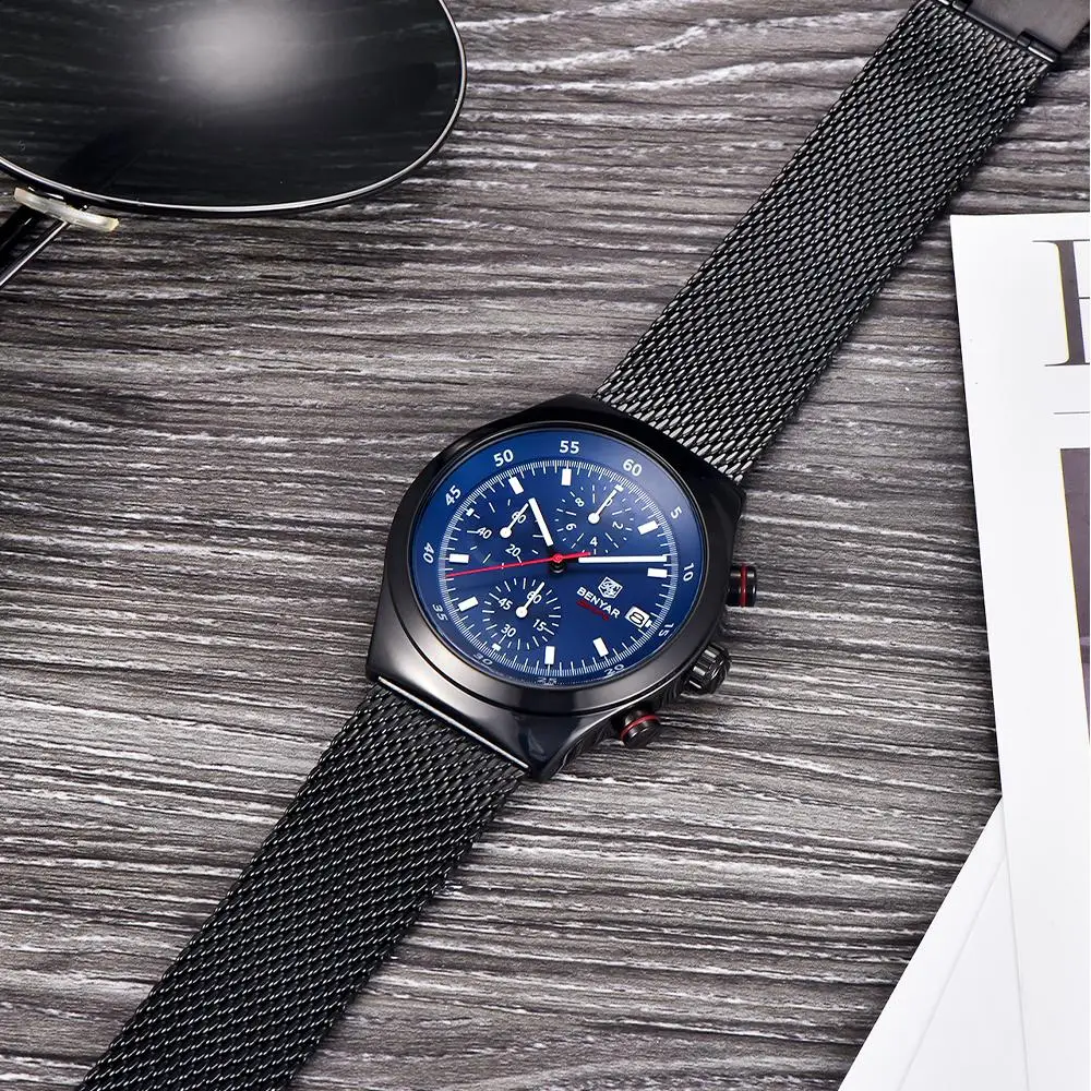 

BENYAR лучший бренд мужские многофункциональные кварцевые часы с календарем и ночником водонепроницаемые часы из нержавеющей стали для мужчин 5200