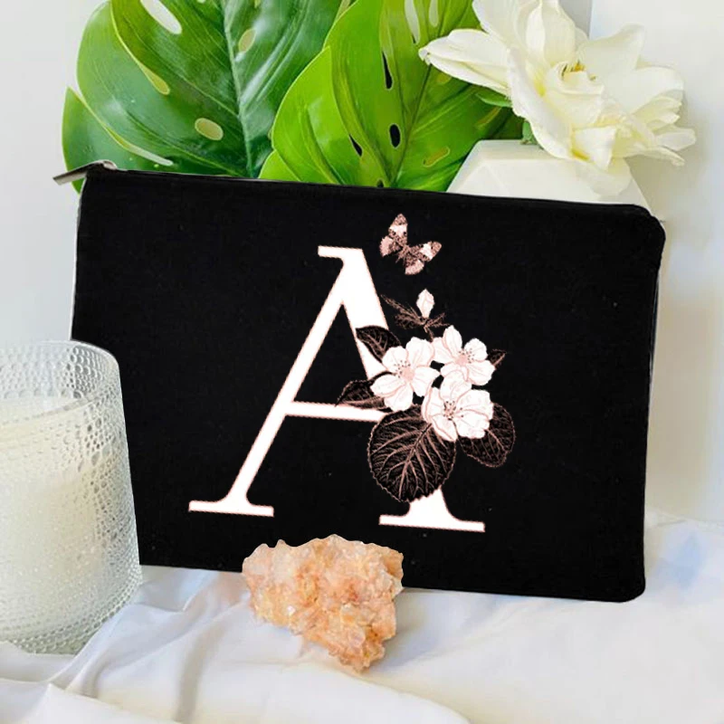 Initial Flower Bridesmaid Cosmetic Bags A-Z Letter Makeup Bag Make Up Pouch Cases Toiletry Organizer Wedding Bride Shower Gifts