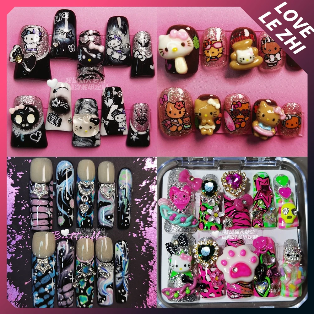 

Y2K Spicy Girl 3D Cartoon Long Coffin Stiletto Duck-Bill Wearable False Nails Diamond Bowknot Flowers Sequins Handmade Fake Nail