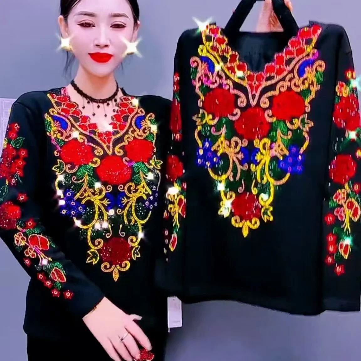 

Beading T Shirt Women 2025 Spring Autumn Clothes For Women Long Sleeve Tees Top Black Women's T-shirt
