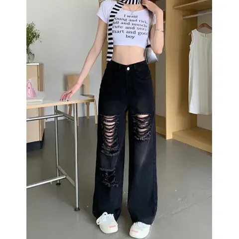 

High Street Vintage Ripped Black Jeans Women Summer High Waist Wide Leg Denim Pants Slim Loose Straight Baggy Trousers