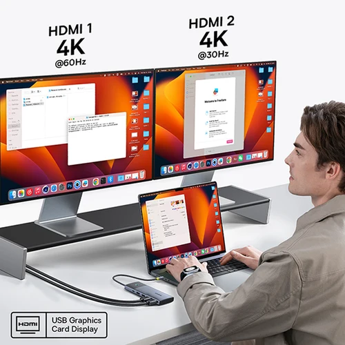 Imagen 2 del producto 【Oferta limitada】Baseus USB C HUB 7 en 1 tipo C a HDMI 4K 60Hz 30Hz MST pantalla Dual para macOS Win USB 3,2 adaptador PD 100W HUB