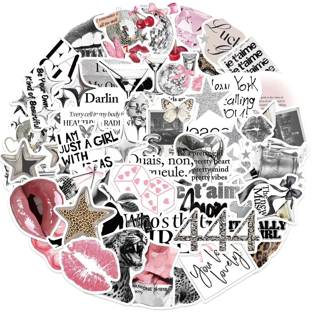 50Pcs Vintage Silver Lucky Girl Series Stickers PVC Waterproof Decals for Skateboard Phone Case DIY RecordingYourLife Store