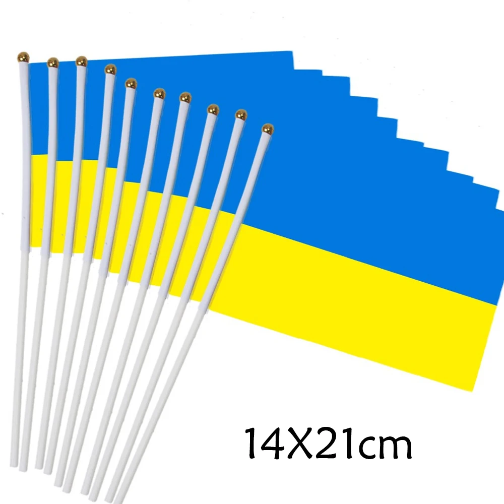 Mão pequena acenando bandeira russa com pólo plástico, dupla face, impressão de poliéster, bandeiras nacionais da Ucrânia, paz, 14x21 cm