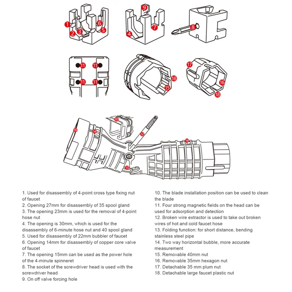 8/18 in 1 Universal Wrench Faucet Multi-head Double-head Sink Installer Sink Plumbing Socket Wrench Repair Tool Set Professional