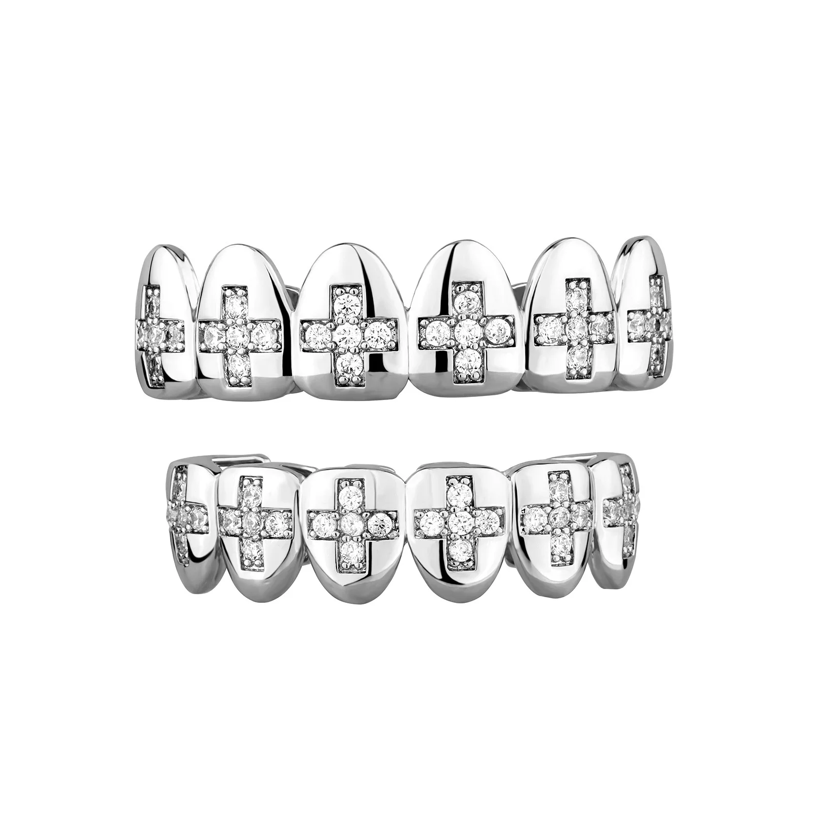

YOUNGX Hip Hop 6/6 Cross Zircon Charm Teeth Grillz Vintage CZ Stone Glossy Tooth Caps For Women Men Jewelry Cosplay Halloween