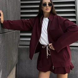 TRAF 2024 Red Skirt Set Elegant Female Sets Autumn Coats Sets for Women 2 pieces Outerwears Zipper Long Sleeve Jacket Skirt set