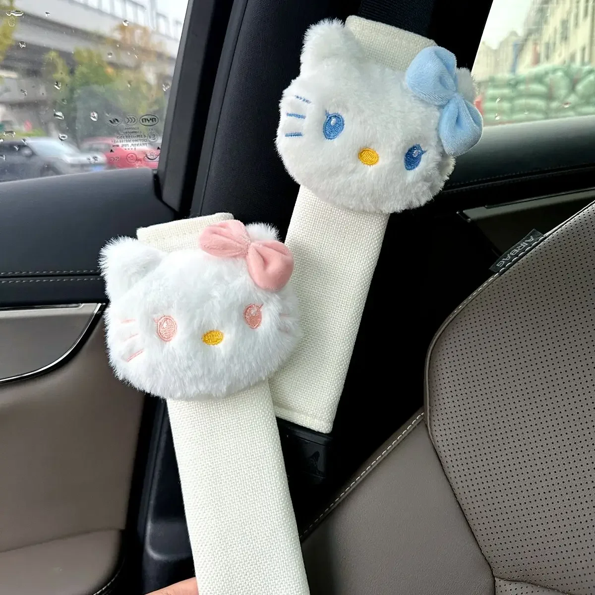 2pcs Sanrio Kawaii Hello Kitty Plush Car Seat Belt Shoulder Protector Anime Cartoon Anti-stranglehold Safety Belt Shoulder Strap