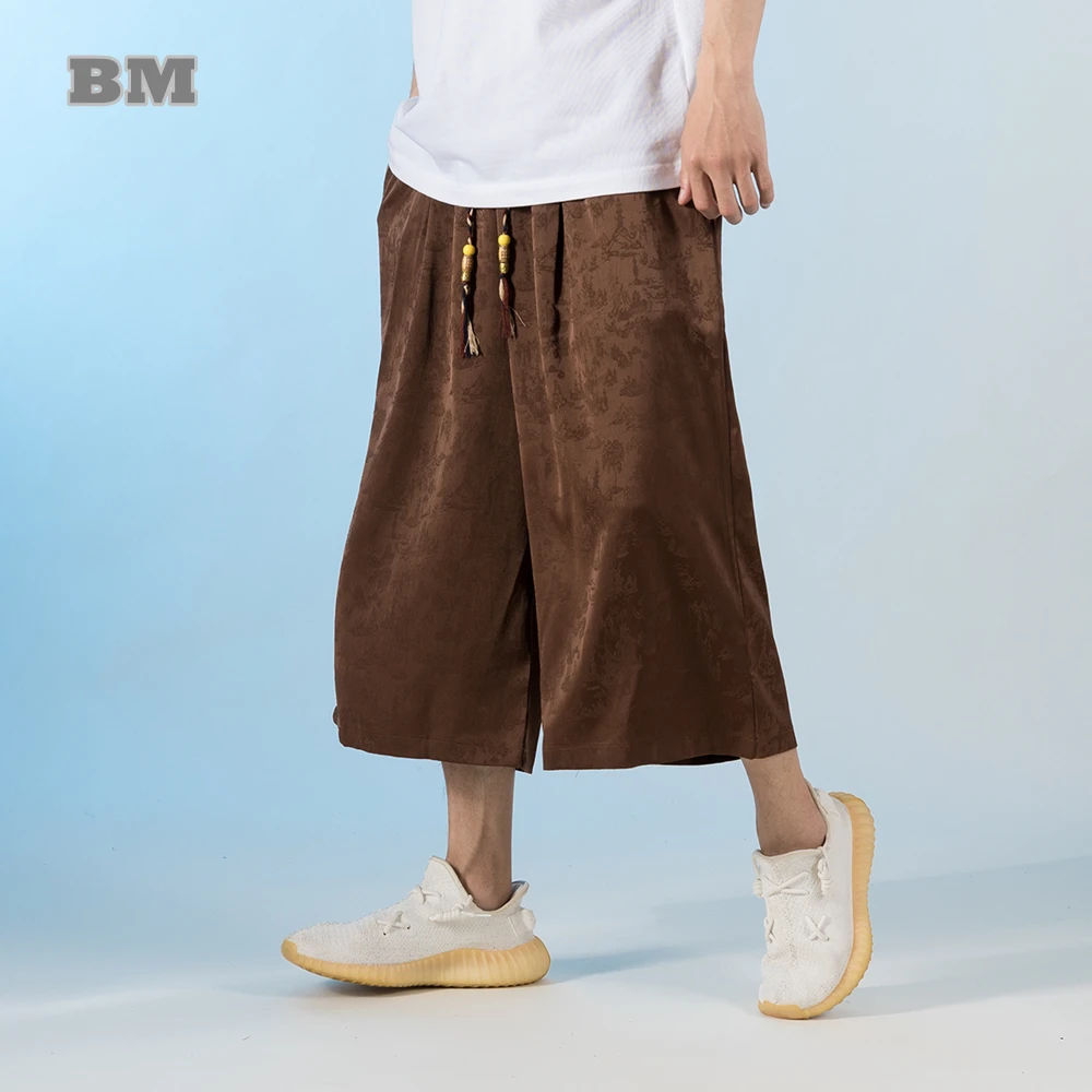 Summer Chinese Style Thin Capri Pants Men Clothing Plus Size Wide Leg Pants Traditional Dress Tai Chi Kung Fu Oversize Pants