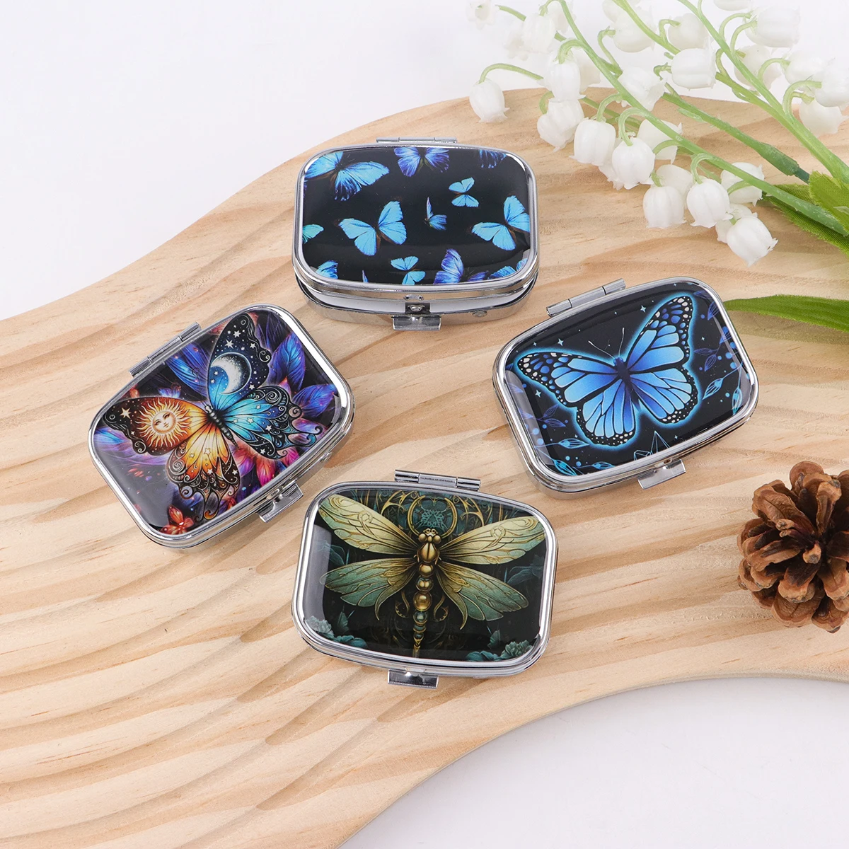 Stained Glass Butterfly Pill Box Portable Metal Pill Case with Mirror Starry Sky Design for Travel Purse Medicine Storage Gifts view 2