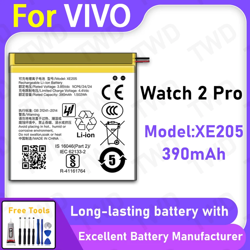 

100% New 390mAh XE205 Battery For Vivo Watch 2 Pro Replacement Bateria+Free Tools