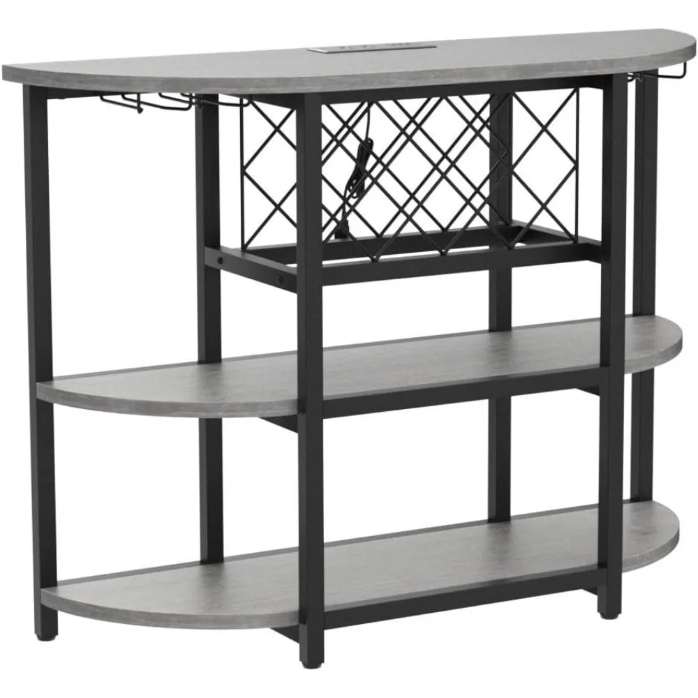 Mini Bar Mesa com Tomada de Energia, LED Home Cabinet para Licor, Metal Wine Bar Stand, 4-Tier Storage