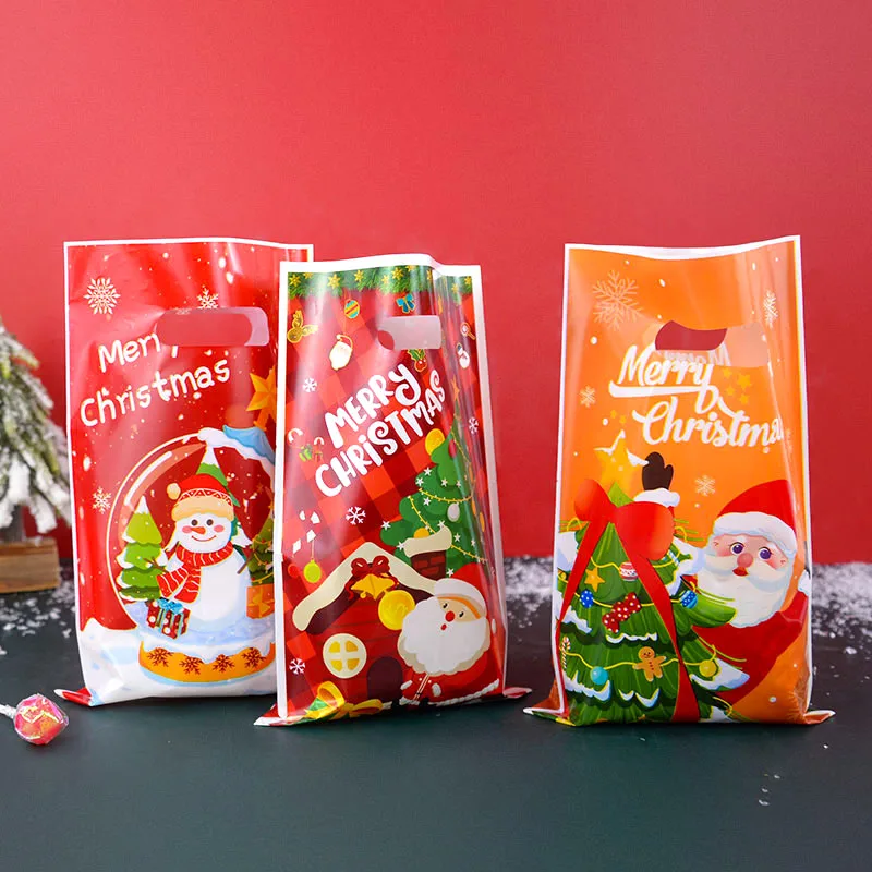 10pcs Christmas Plastic Candy Bag With Handles Santa Claus Snowman Elk Gift Bag Merry Xmas Decor For Treat Bags Navidad New Year