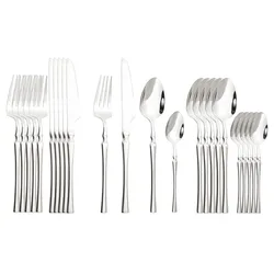 Bright Silver Dinnerware Set Stainless Steel Cutlery Set 4/8/16/24/32Pcs Fork Knife Spoon Flatware Tableware Kitchen Silverware