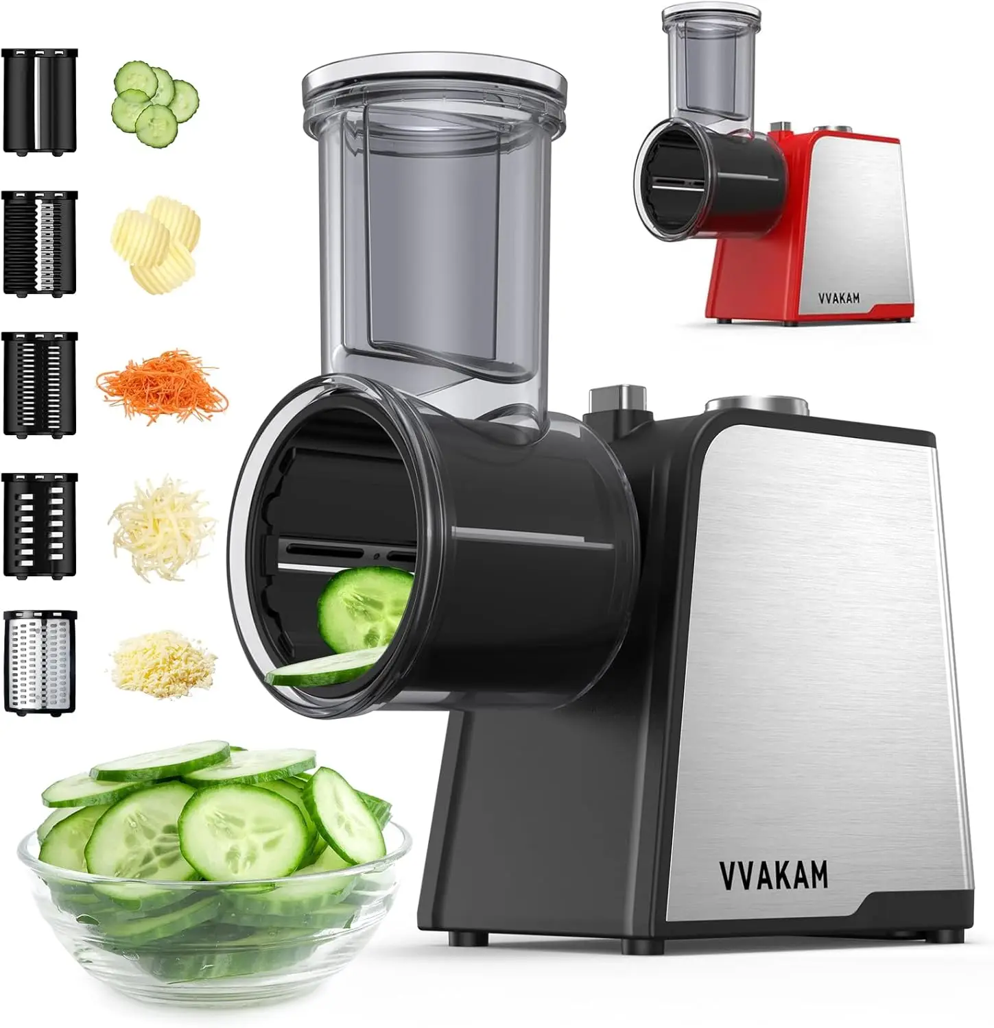 

Electric Cheese Grater, 300W DC Motor, 5-Blade Vegetable Slicer & Shredder for Potatoes, Carrots, Black