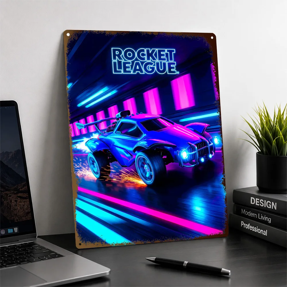 Rocket League Racing Textured Metal Poster Neon Wall Art For Entertainment Room Personalized Aluminum Sign Housewarming Gift