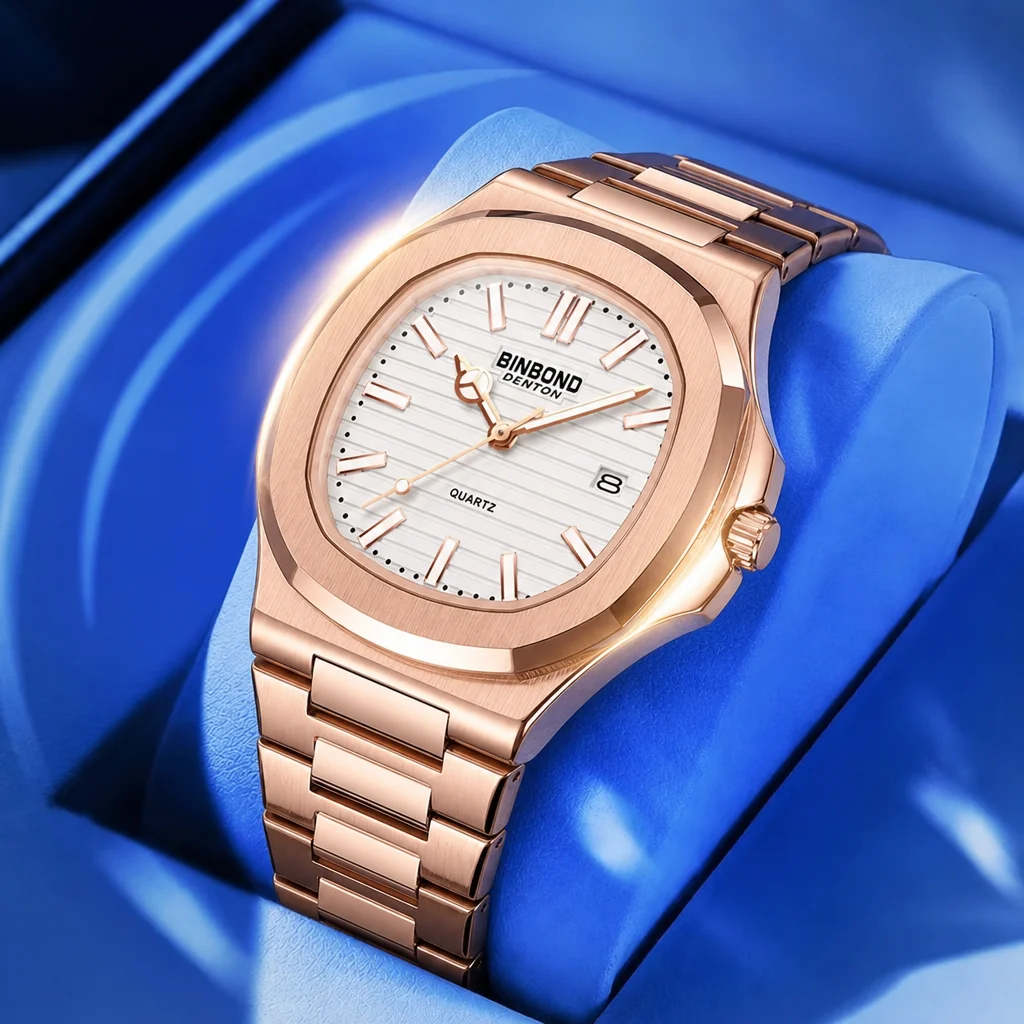 1 Stück Schicke Quadratische Uhr in Rosé-Tönen mit Edelstahlarmband, Gestreiftem Zifferblatt, Datumsanzeige, Quarzwerk, Elegante Alltagsuhr