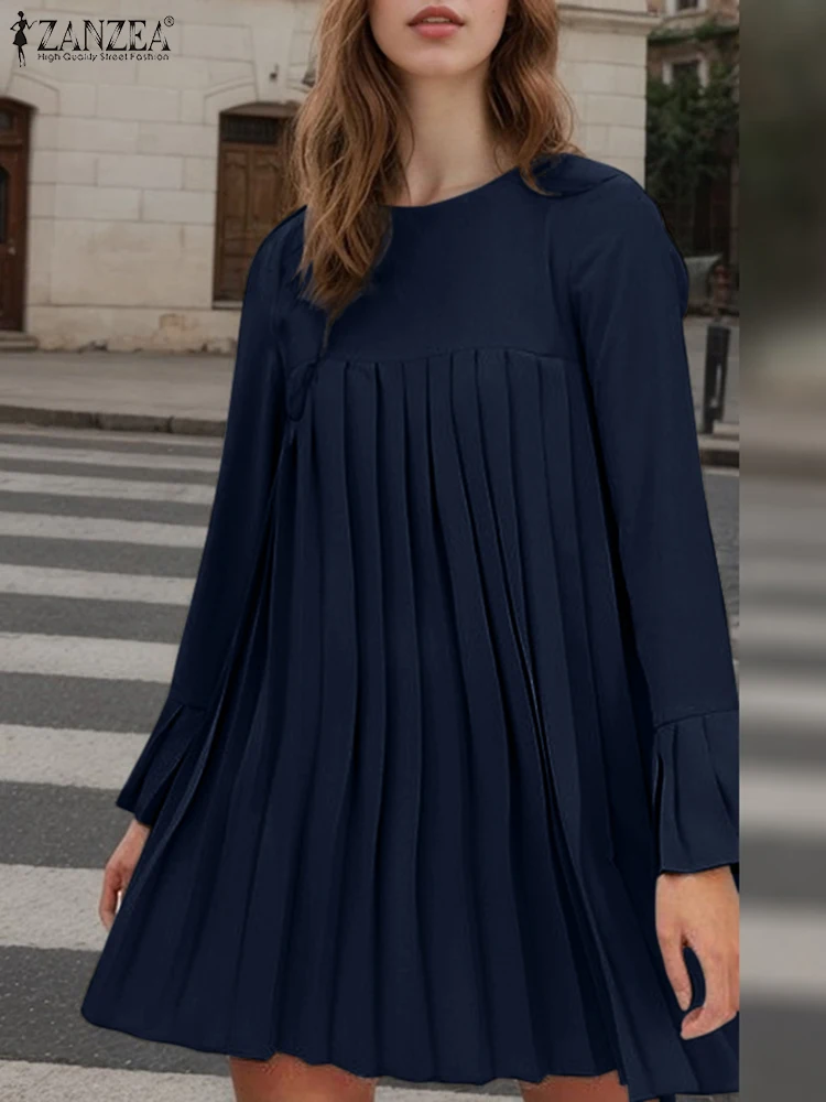 Fashion Women Tunic Dress ZANZEA Spring Elegant Long Sleeve Party Work Sundress Solid Pleated Vestidos Stylish Mini Dress 2025