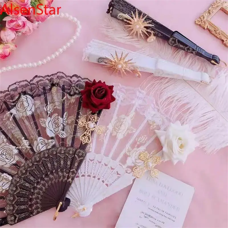 Lolita Lace Folding Fan, Rose Hand Fan, Gorgeous Retro European Style, Dark Gothic, Court Dance, Gifts, Wedding Party Decoration