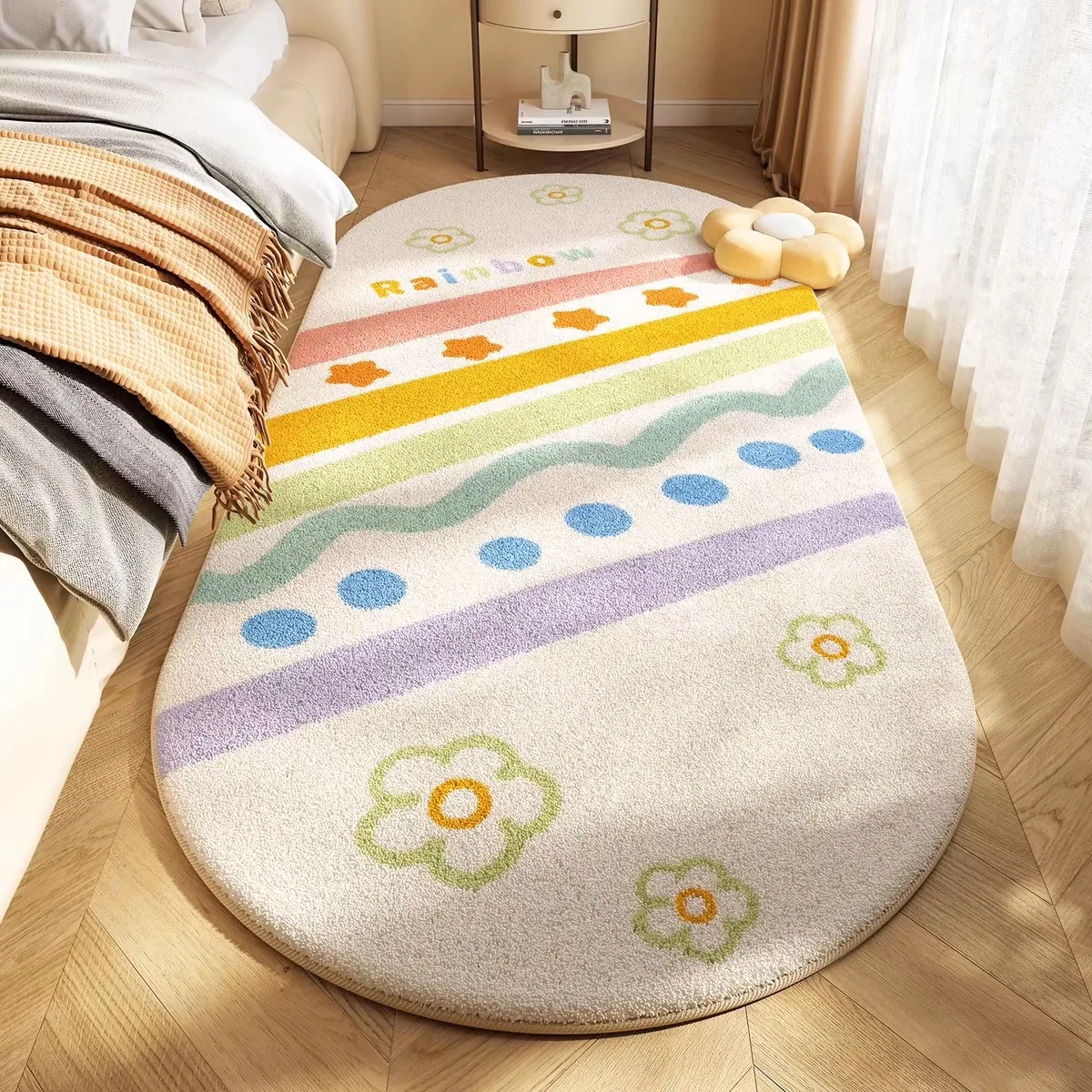 VIKAMAM Rainbow Imitation Cashmere Carpet Bedroom Plush Bed Mat Children Girls Room Decorated With Non-Slip Long Carpet