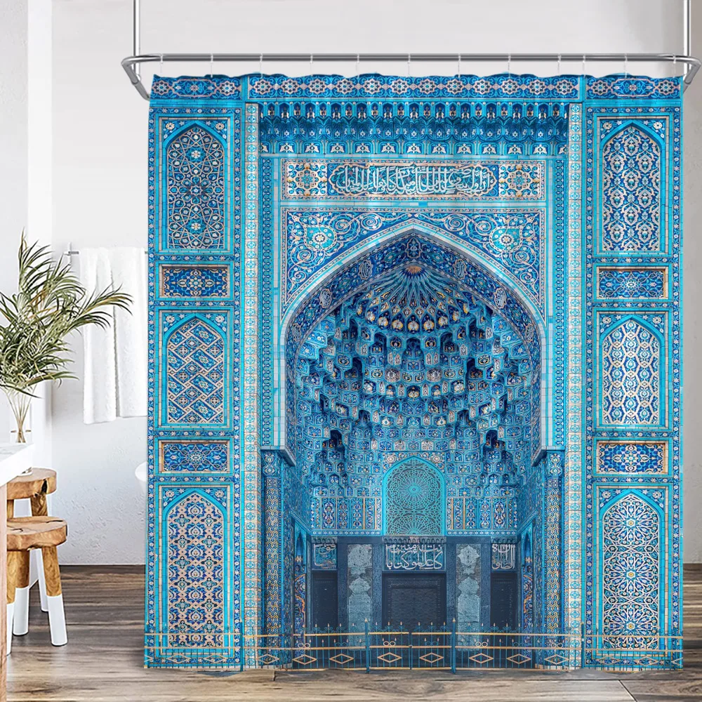 3D Moroccan Vintage Shower Curtain Aged Gate Geometric Pattern Doorway Design Entrance Architectural Oriental Style Bathroom Cur