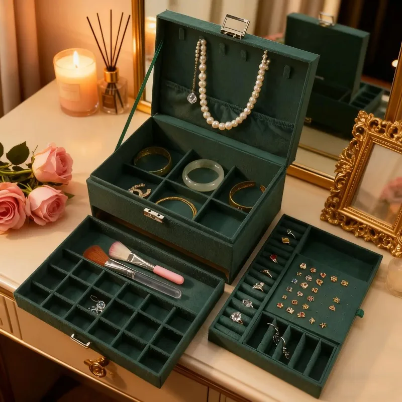 2026 Hot Selling Large Capacity Velvet Jewelry Box with Three Drawers Suitable for Storing Earrings Necklaces and Other Jewelry