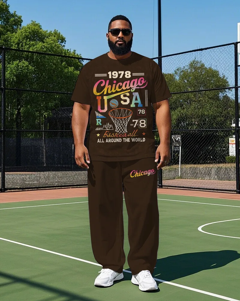 Men's Plus Size 2 Piece City Graphic T-Shirt and Long Pants Set, Short Sleeve Crew Neck, Casual Streetwear for Summer, S-9XL