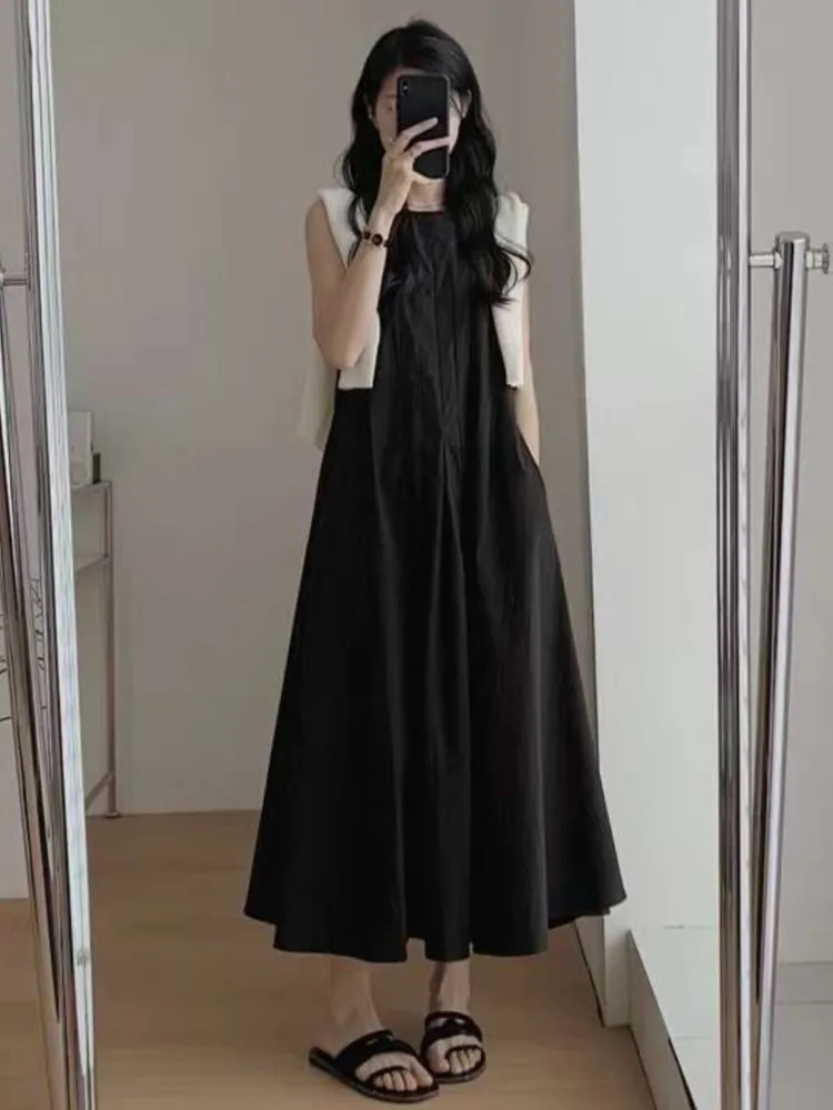 Summer Sleeveless Pleated Dress Women Solid Elegant Sundresses Ladies Dresses Korean O-Neck Midi Office Woman Dress Vestidos