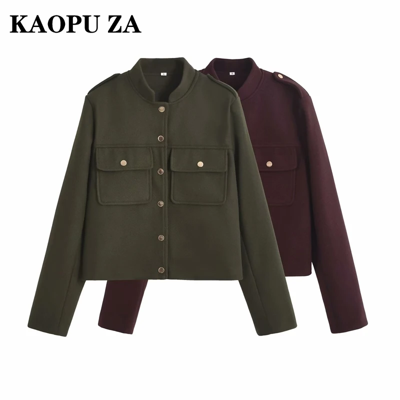 KAOPU ZA 2024 Autumn New Woman's Chic Long Sleeve Top Coat Fashion Winter Woman Stand Collar Jacket Loose Fit Thick Gold Button