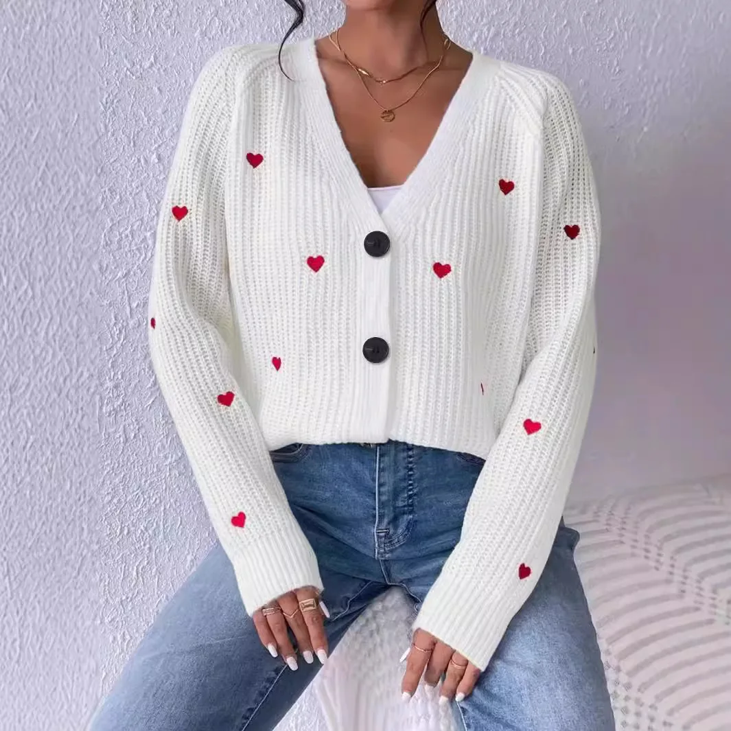 

Love Embroidered Knitted Coat Autumn/Winter Single Breasted V-neck Women's Sweater Cardigan