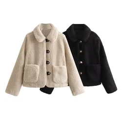 2024 women's autumn and winter new item  lapel  breasted  lamb wool fleece jacket, casual warm jacket