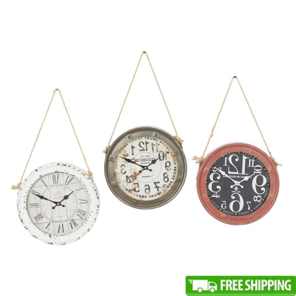 

3 Pack 11 Inch White Metal Wall Clocks with Rope Hangers Vintage Design Home Interior Decoration Silent Movement