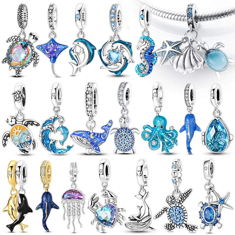 925er Silber Charm Anhänger Sommer Blauer Ozean Seestern Meeresschildkröte Wal Hai Charm Perlen passend für Armband Edle Modeschmuckherstellung
