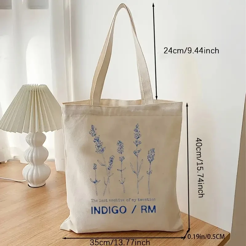 Aesthetic Blue Lavender Sketch Canvas Tote Bag Botanical Plant Print Reusable Lightweight Daily Shopping Shoulder Tote Bag
