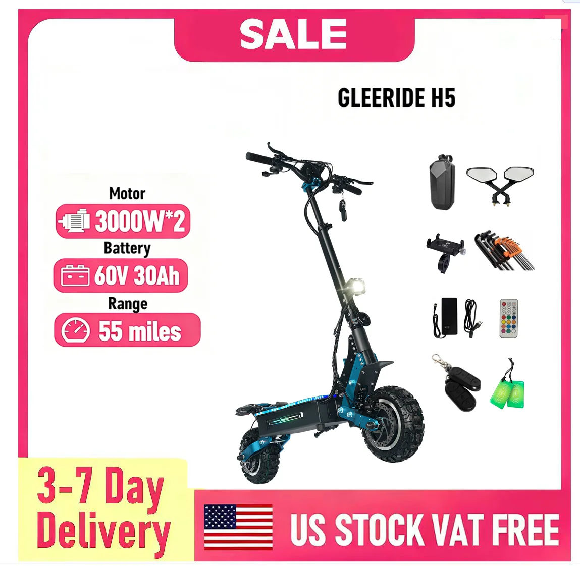 

GLEERIDE H5 11" Off-Road Electric Scooter 3000W*2 Dual Motor 60V 30Ah LG Battery Without Seat