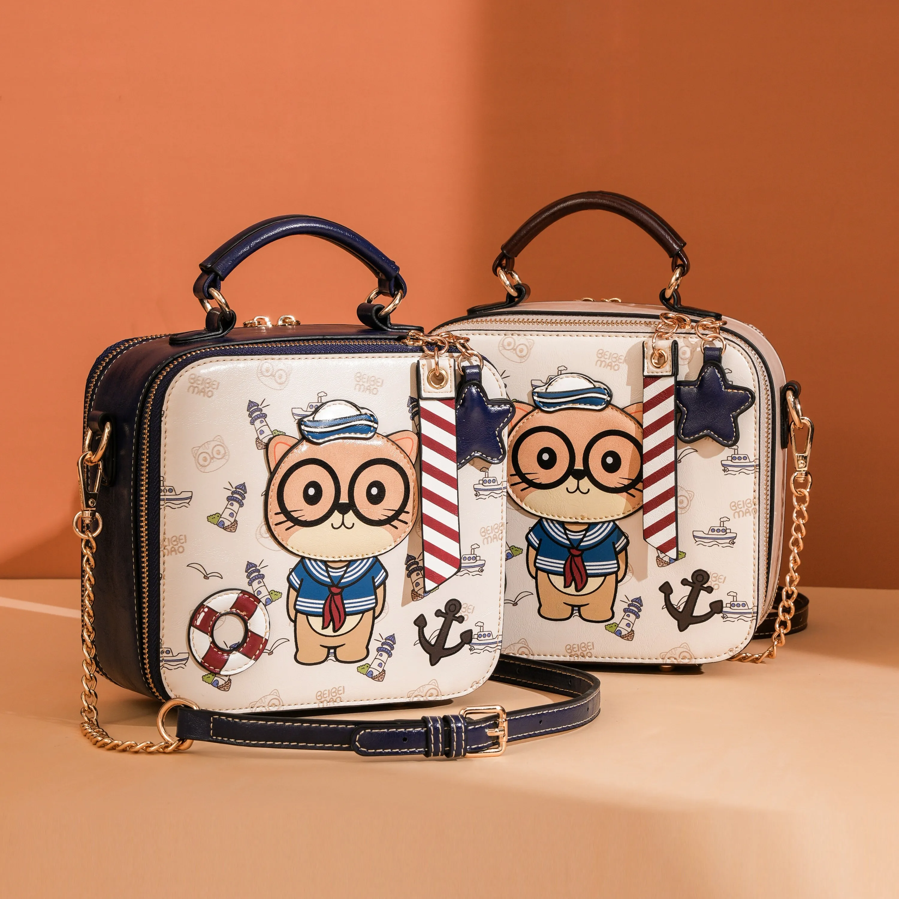 

Ladies Square Handbag Cute Navy Bear Design Box Shape Crossbody Bag Single Shoulder Bag for Girls cute women purse