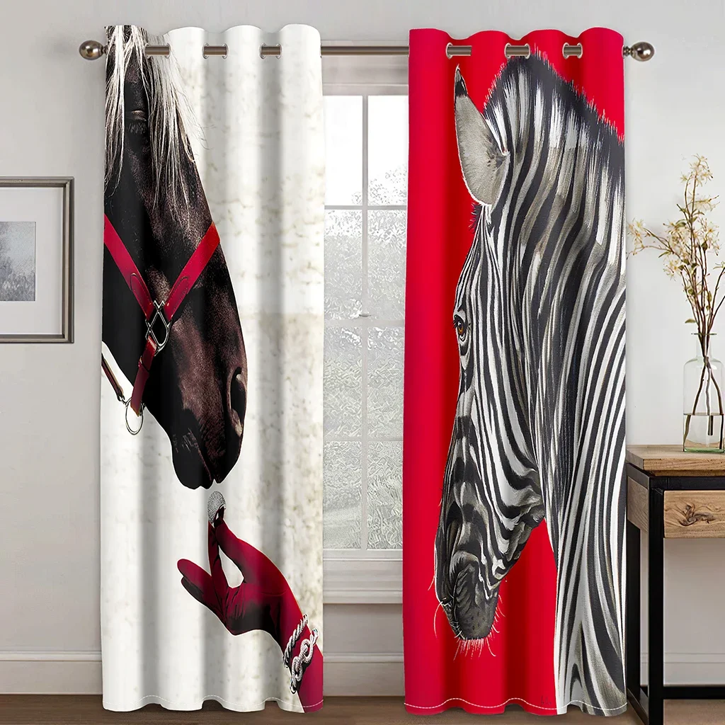 Black and White Zebra Texture 3D Digital Printing Curtain, Kitchen Short Window, 2 Panels, Animal Fur Print, Drapes