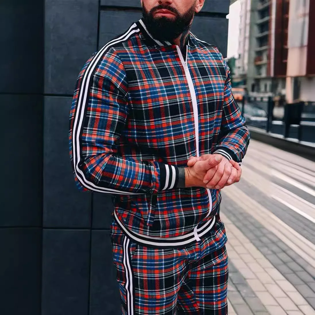 

New Mens Checkered Jacket Long Pants Set Zipper Sweater Sports Suit Autumn European American Casual Two Piece Outfit Warm